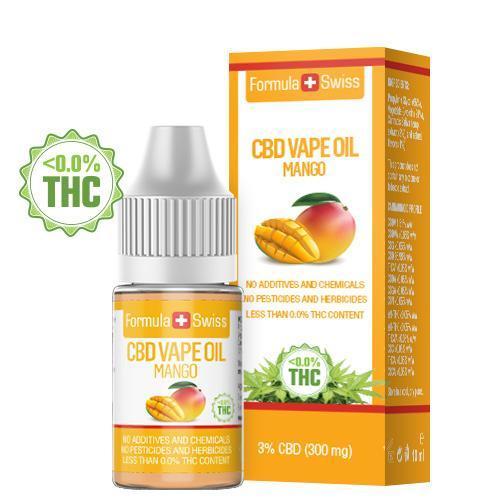 Formula Swiss CBD vape liquid Mango, 3% CBD (300 mg), 10 ml bottle and box
