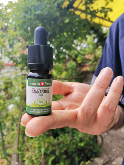 Hand holding a bottle of Formula Swiss RAW CBD oil in hemp seed oil outdoors
