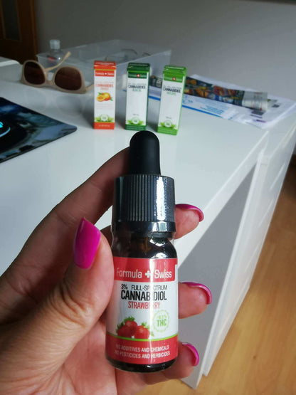 Hand holding a bottle of Formula Swiss CBD oil in MCT oil with strawberry aroma