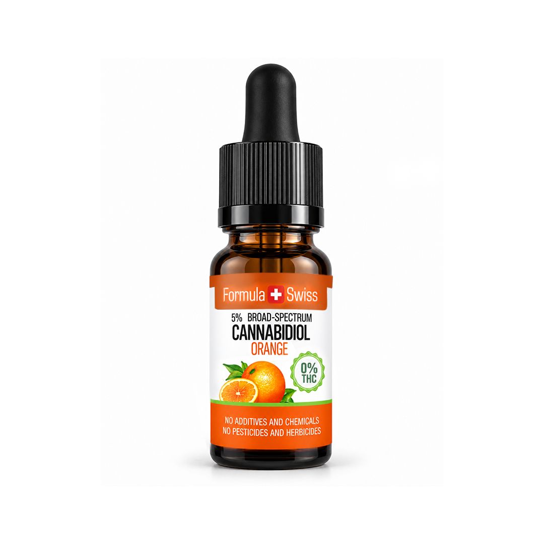 A small amber glass dropper bottle labeled Formula Swiss Cannabidiol Orange, with a black cap and orange-and-white label, centered on a light gray background.