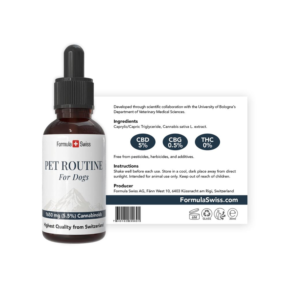 Bottle of Pet Routine for Dogs with label on a white background