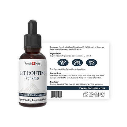 Bottle of Pet Routine for Dogs with label on a white background