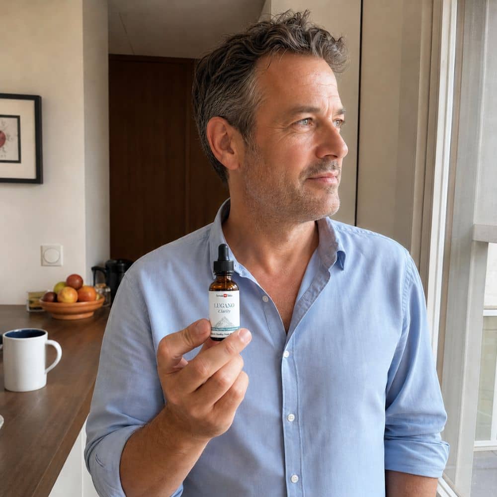 Man holding a bottle of Lugano CBD oil in a kitchen setting