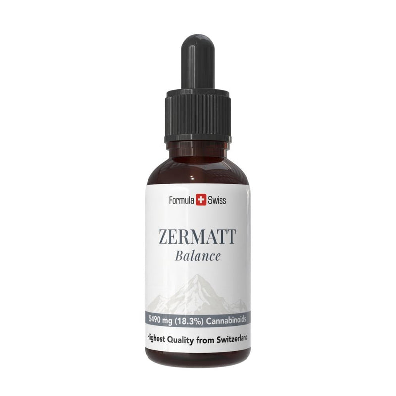 Bottle of Zermatt CBD oil with Formula Swiss branding on a white background