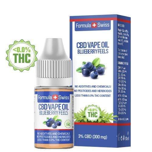 Formula Swiss CBD vape liquid Blueberry Feels, 3% CBD (300 mg), 10 ml bottle and box